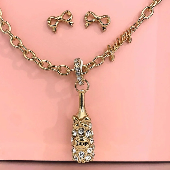 Juicy Couture Rhinestone Champagne Bottle Necklace & Bow Earrings Gift Set - Picture 3 of 5